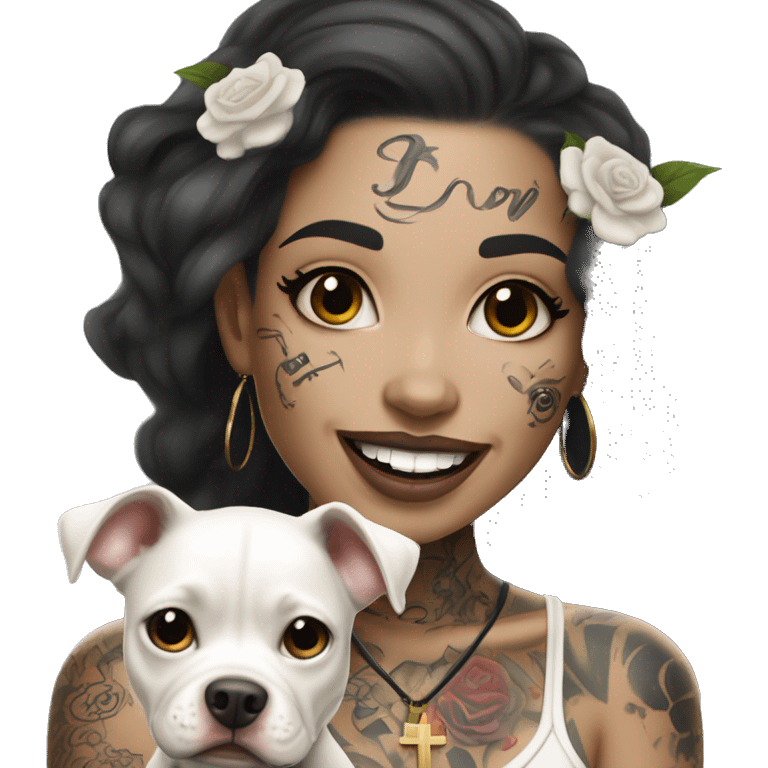 light skin woman with a face tattoo of a cross and long wavy black hair expressing joy alongide a white miniature pitbull  emoji