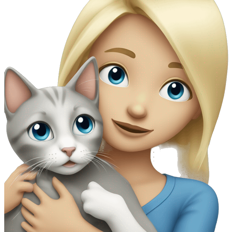 blonde girl hugs grey cat with blue eyes  emoji