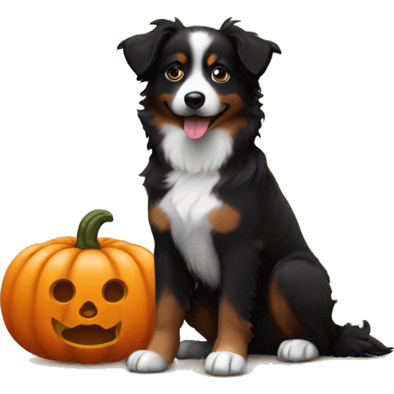 Small black australian shepherd dog in a pumpkin emoji