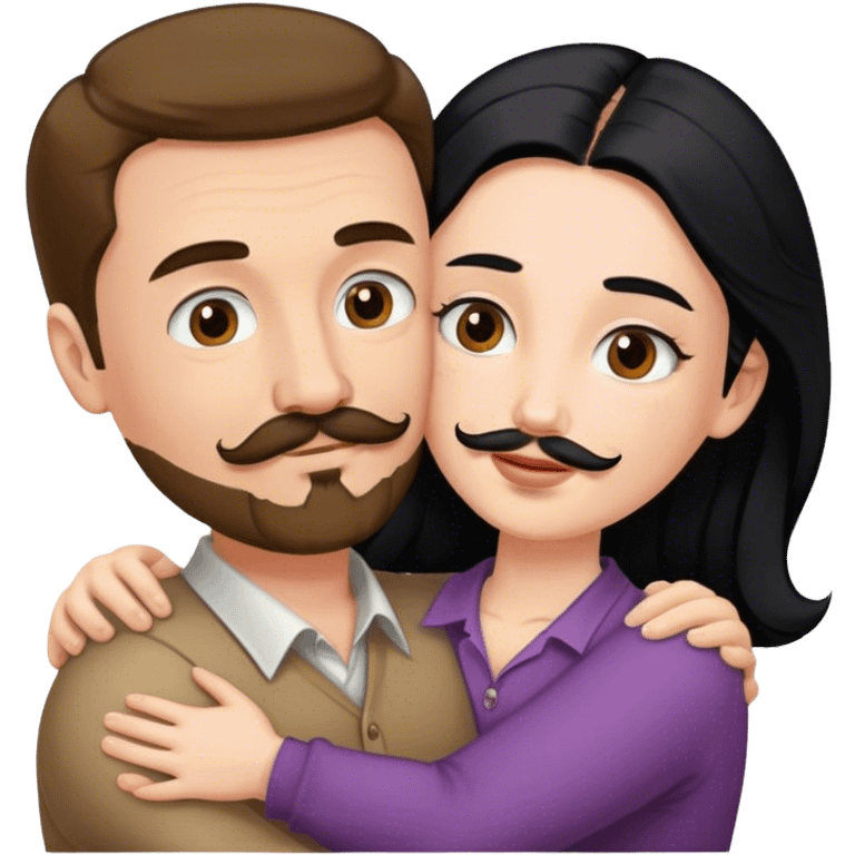 Tall white man with brown mustache and goatee hugging a short pale woman with long black hair emoji