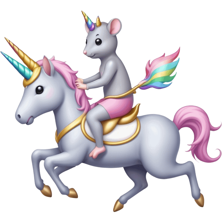 A gray mouse riding a unicorn emoji