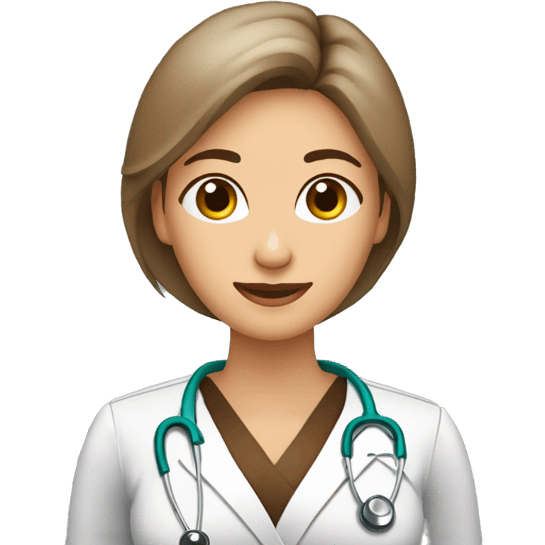 mujer medico de pelo marron y largo. Con ojos marrones. con la palma de la mano hacia arriba y el brazo levantado. emoji