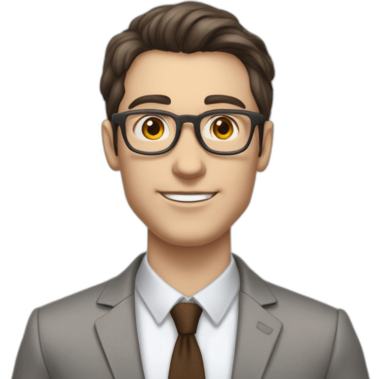 Pale skinned fit man with dark brown hair in gray jacket, beige office shirt, brown tie, brown pants and vintage glasses Writing on the flipchart emoji