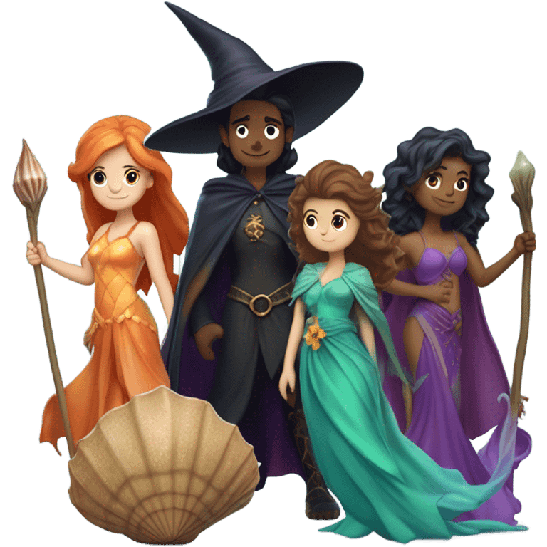 A group of 5 friends, consisting of a female witch, a female wizard, a male merman, a female fairy, and a female siren emoji