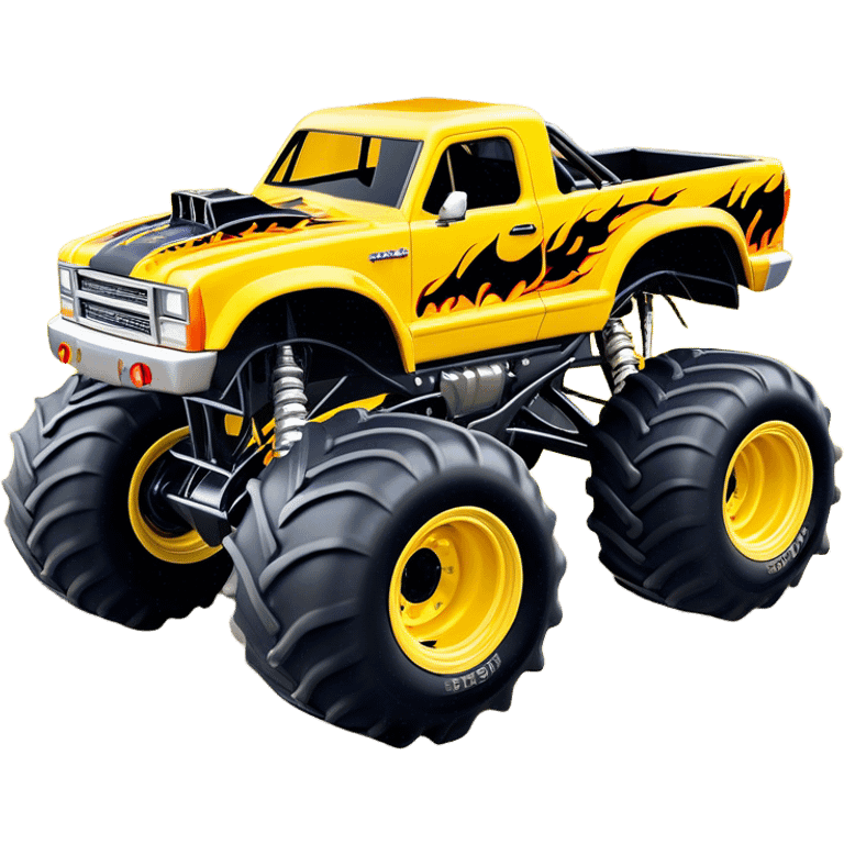 Maximum Destruction - Monster Jam (Model Year: 2021) (Iconic colour: Yellow with black flames) - A ferocious monster truck featuring a vivid yellow base accented by dramatic black flame patterns. Emphasize sharp, high-contrast flame streaks across the body, creating a look of aggressive, explosive energy. emoji