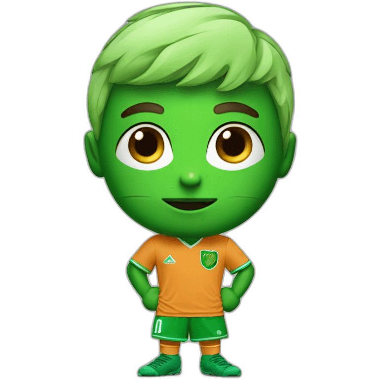 Little guy soccer mascot dressed in green with penacho and green lines under eyes emoji