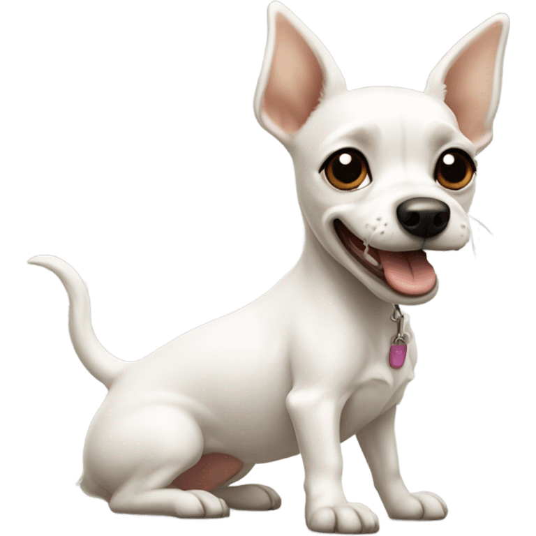 white toy terrier dog, one ear stands up and the other is bent emoji