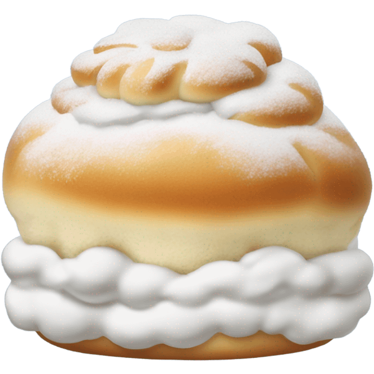 a bun with lots of whippd cream in the middle and dusted sugar on top emoji