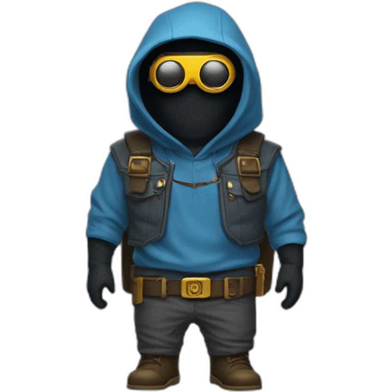 no face normal minion with glasses in hood in blue sleeveless shirt with two pistols in his hands with a gold insert on the belt in gray pants and leather boots emoji