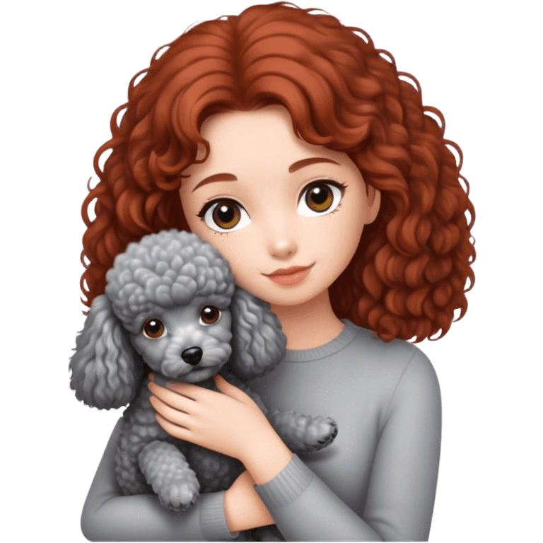 A girl with auburn hair holding a grey poodle emoji