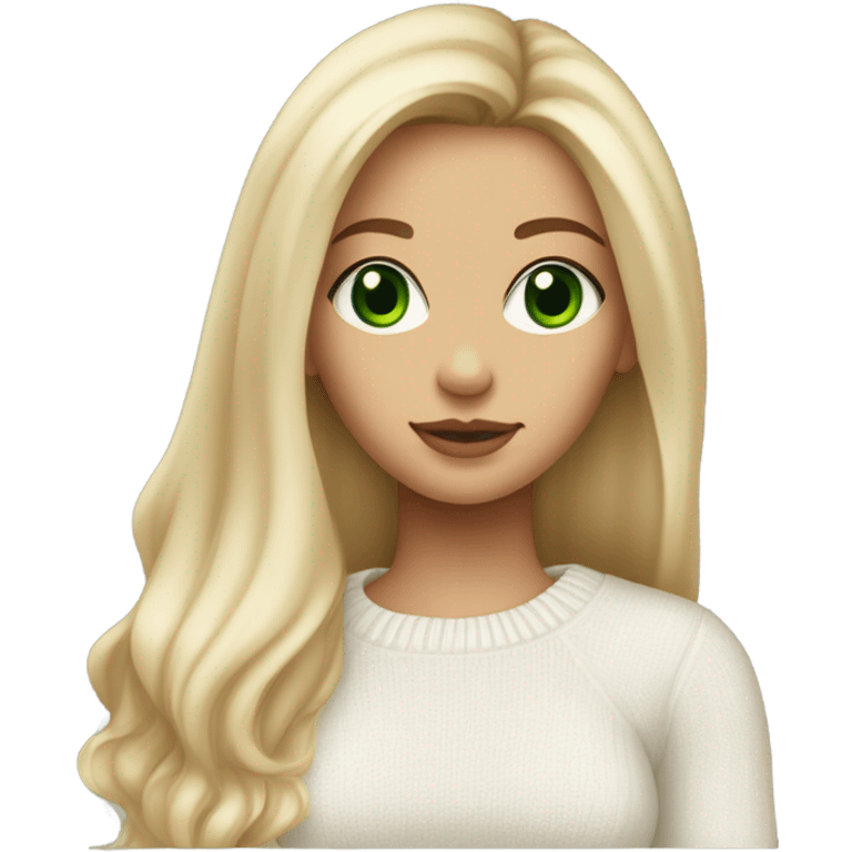 light medium skin, high cheekbone, solo blonde girl with green eyes, medium bust, white sweater, long blow out hair, baddie, middle part, cute,  emoji