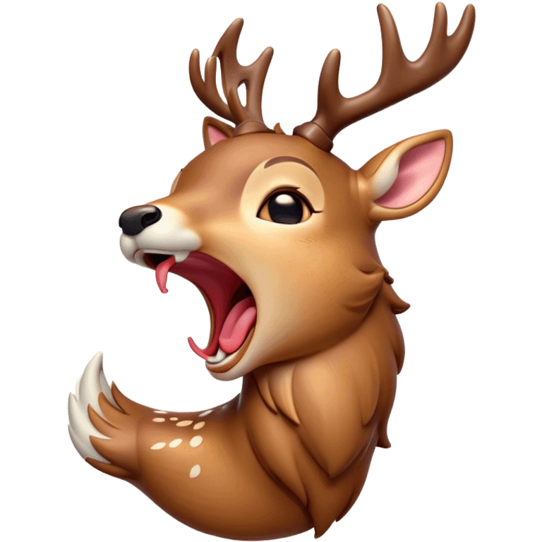 Cinematic Cute Yawning Deer Portrait Emoji, Head tilted slightly with a dramatic, wide-open yawn, revealing a soft, dappled coat and elegantly drooping ears, eyes barely open in drowsy contentment, Simplified yet irresistibly adorable features, highly detailed, glowing with a soft, cozy glow, high shine, relaxed yet expressive, stylized with a touch of natural whimsy, bright and endearing, soft glowing outline, capturing the essence of a sleepy yet affectionate deer, so drowsy it feels like it could stretch right out of the screen and curl up for a nap! emoji