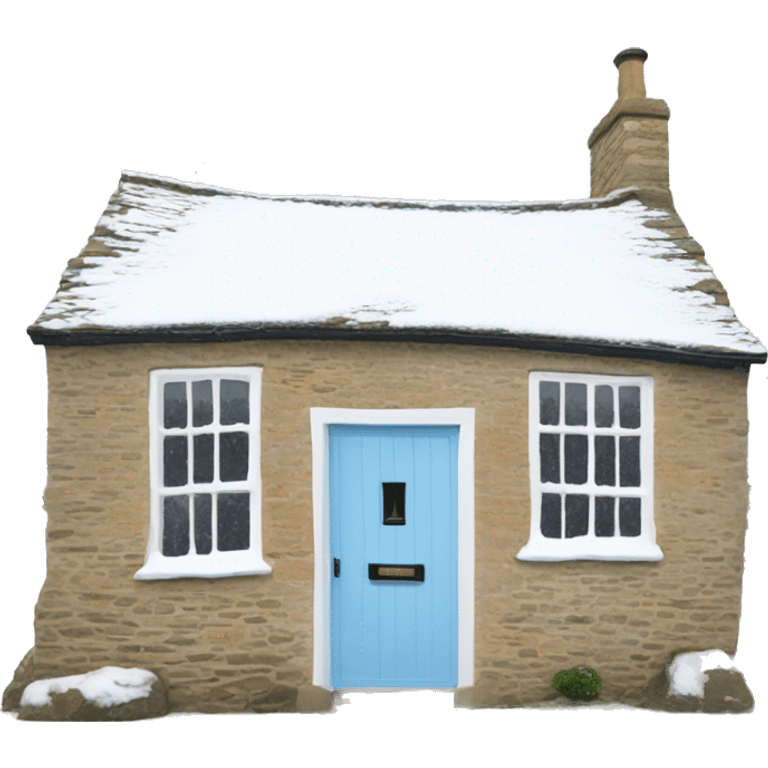 Snowy stone cotswolds cottage with sky blue door  emoji