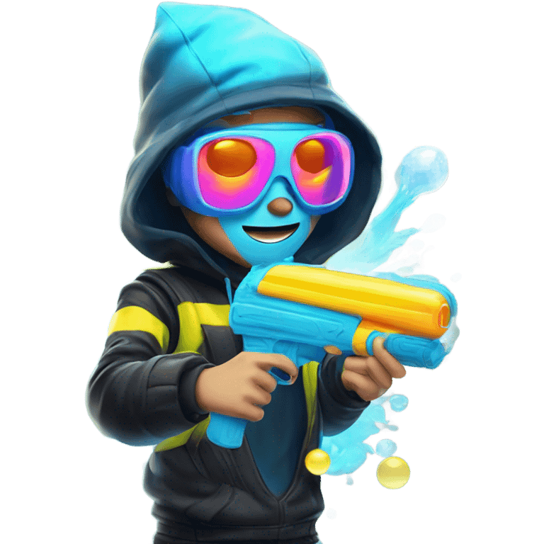 Caucasian boy in glowing rave outfit with mask, sunglasses, and headgear, shooting bubbles out of a water gun emoji