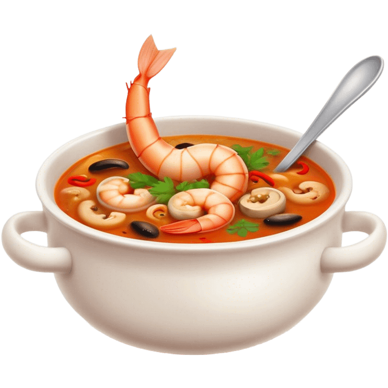 Cinematic Realistic Tom Yam Kung Soup Dish Emoji, showcasing a spicy, sour shrimp soup with herbs and mushrooms rendered with lifelike textures and bold, dynamic lighting. emoji