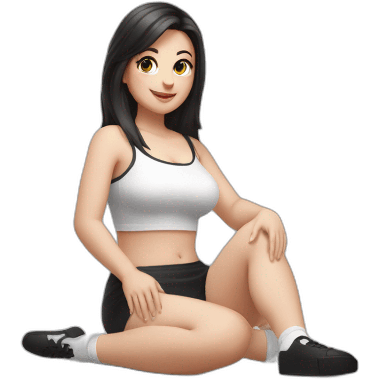 Front view full body curvy caucasian beauty sitting on the floor straight hands up black skirt white knickers white socks emoji