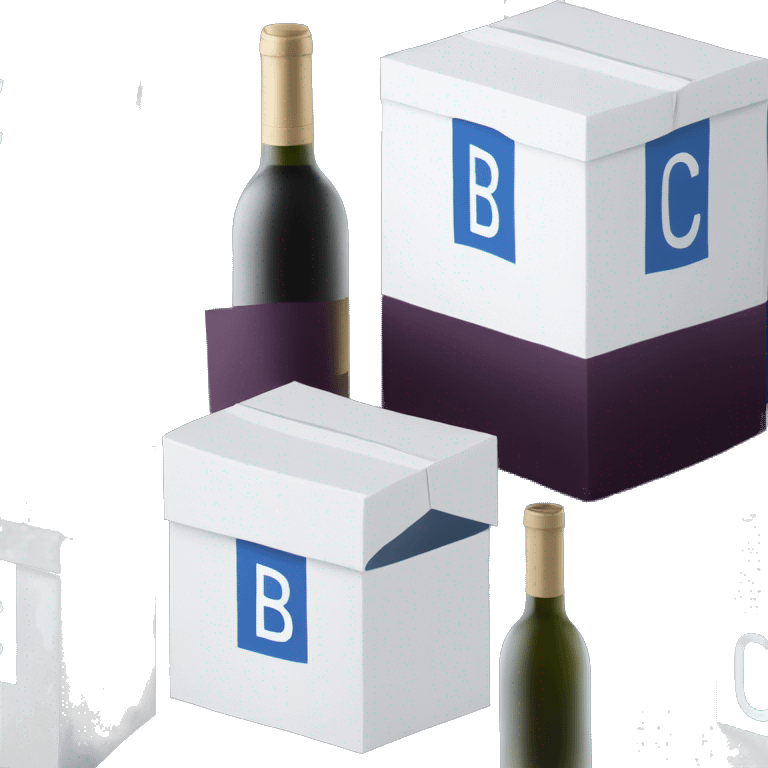 A sleek white box with blue pictures of a wine glass on the side and bold 'BC' logo in the middle of one side of the box emoji