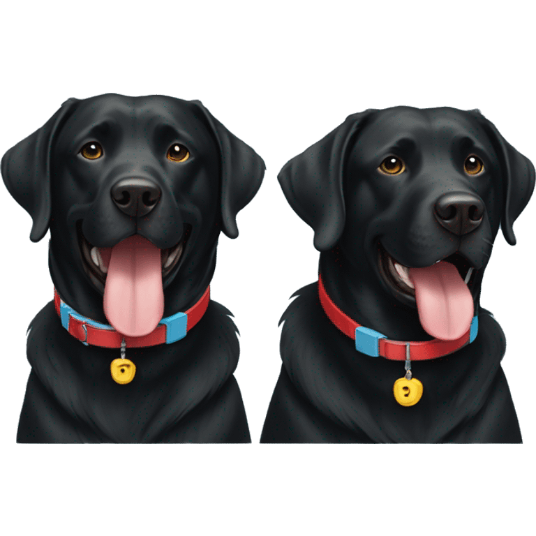 2 happy adult black labradors, one with red collar, one with light blue collar,side by side. emoji