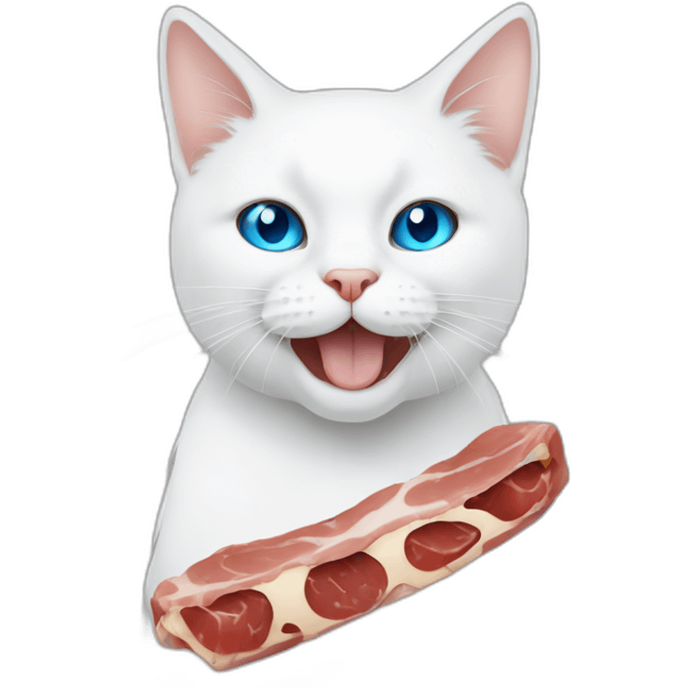 white cat blue eyes eating meat emoji