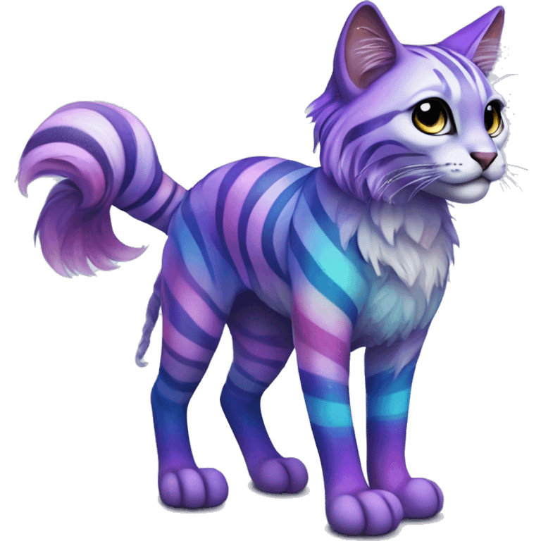 Colorful vernid fantasy creature LiLaiRa Kamirah Falvie whiskers paws full body sparkle purple blue gradient stripes braided tail feline emoji