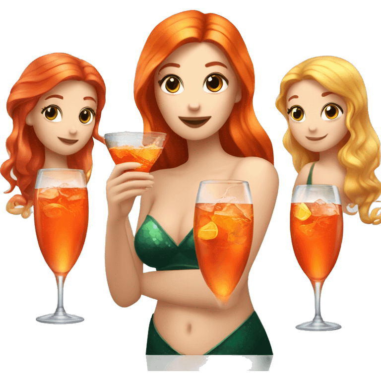 Three beautiful mermaids (blond, brown and red hair) drinking aperol emoji