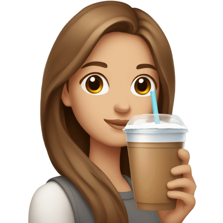 Beautiful woman, straight long light brown hair, brown eyes, cozy holding an iced coffee emoji