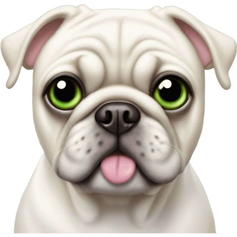 all white pug with white bows on ears, green eyes, pink nose emoji