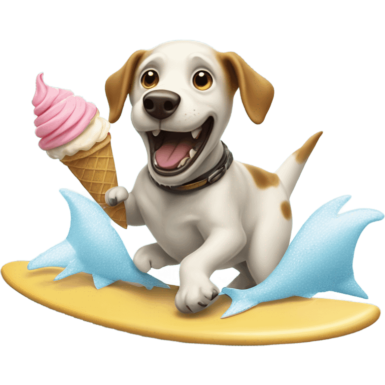 Dog on surfboard eating ice cream cone running away from a shark emoji