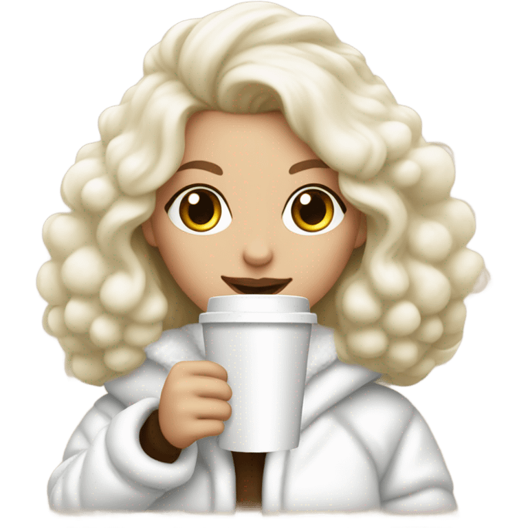 blonde girl wearing white fluffy jacket and a coffee to go in hand all dress white and a white bow on hair emoji