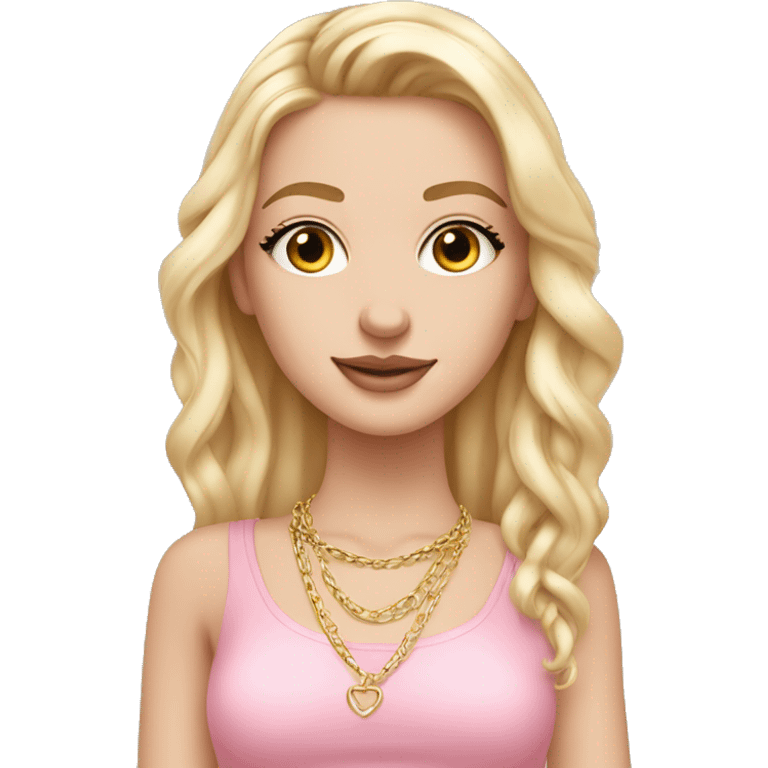 Pretty white girl with long eyelashes, wearing a cute pink crop top and a gold chain necklace emoji