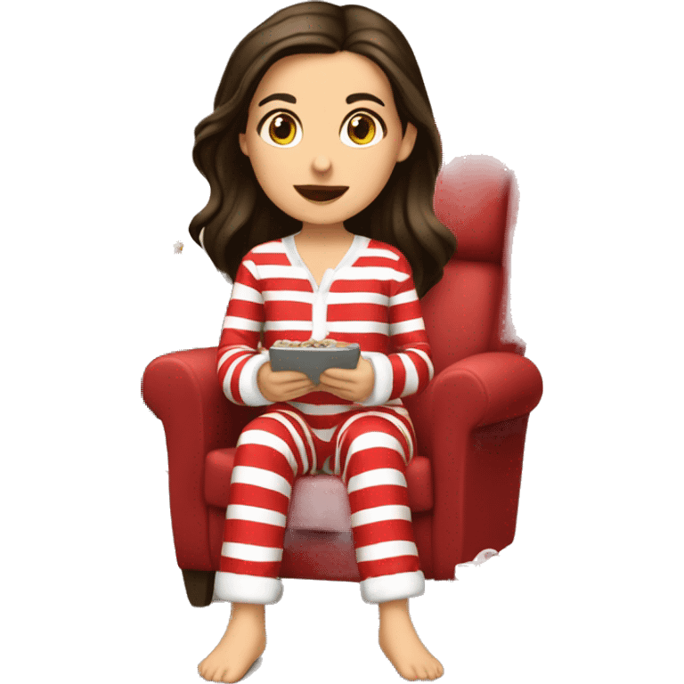 brunette girl in christmas pjs watching christmas movie emoji