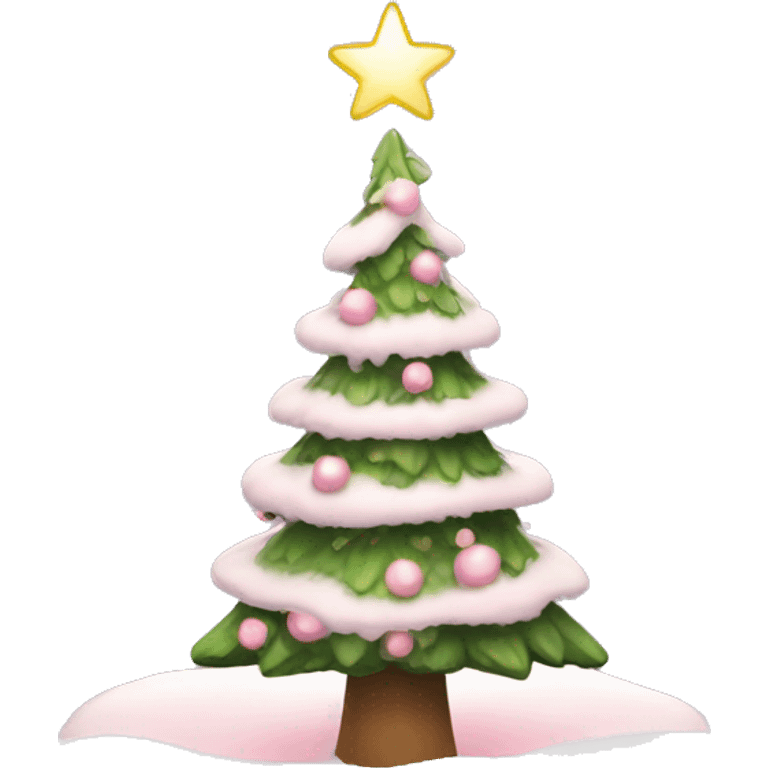 Christmas tree with snow and a small light pink bow on top emoji