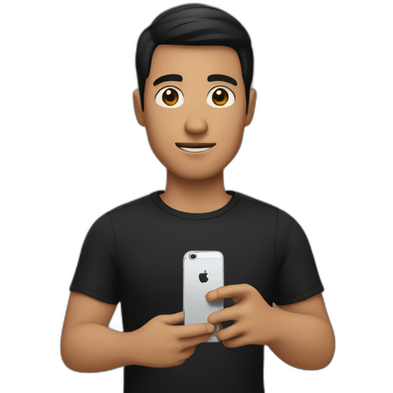 A man dressed in black, with short black hair and brown eyes, holding an iPhone in his hand emoji