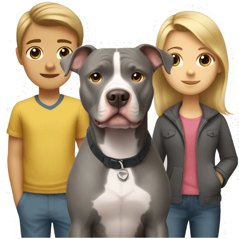 Gray Pitbull standing with brown-haired boy and blonde girl emoji