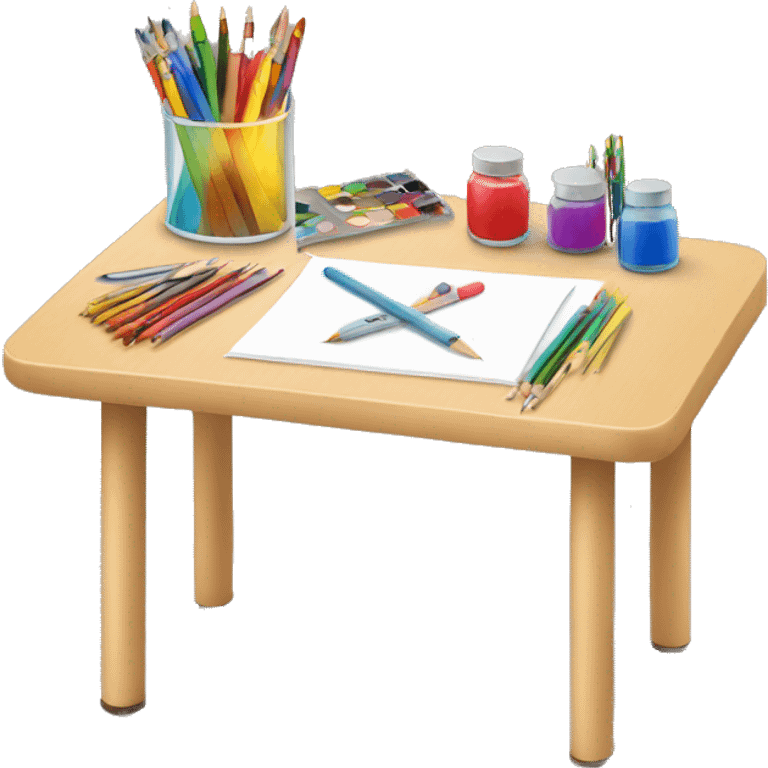 Table with child's drawing and art supplies emoji