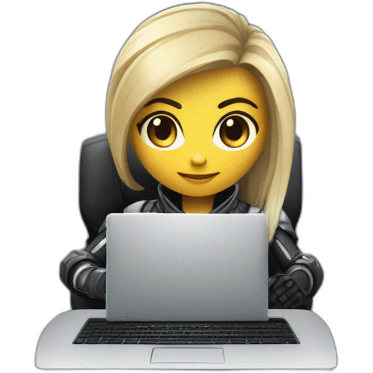 Girl developer behind his laptop with this style : Crytek Crysis Video game with nanosuit character hacker themed character emoji