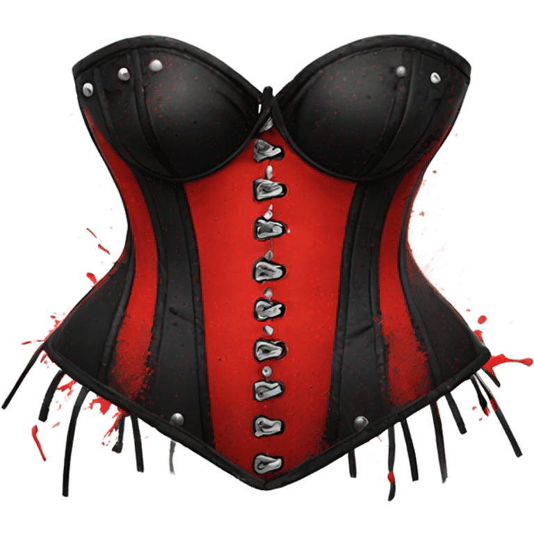 Red and black corset top with bikini bottom splattered with white paint on the corset emoji