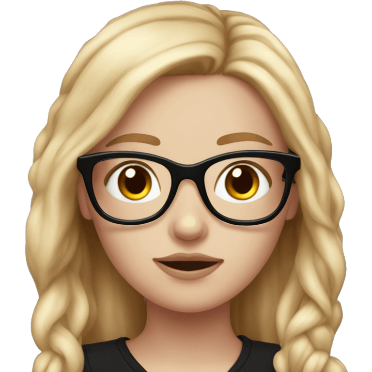 Hyperrealistic white girl with long blush hair with black glasses on, she is wearing a bla emoji