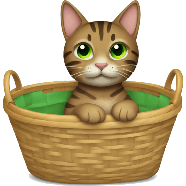  brown tabby cat with green eyes sitting in a basket with a handle emoji