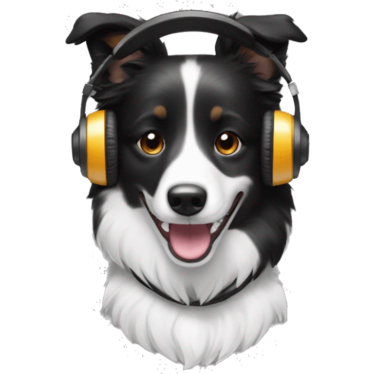 Short hair border collie black and white fur smiling and wearing headphones emoji