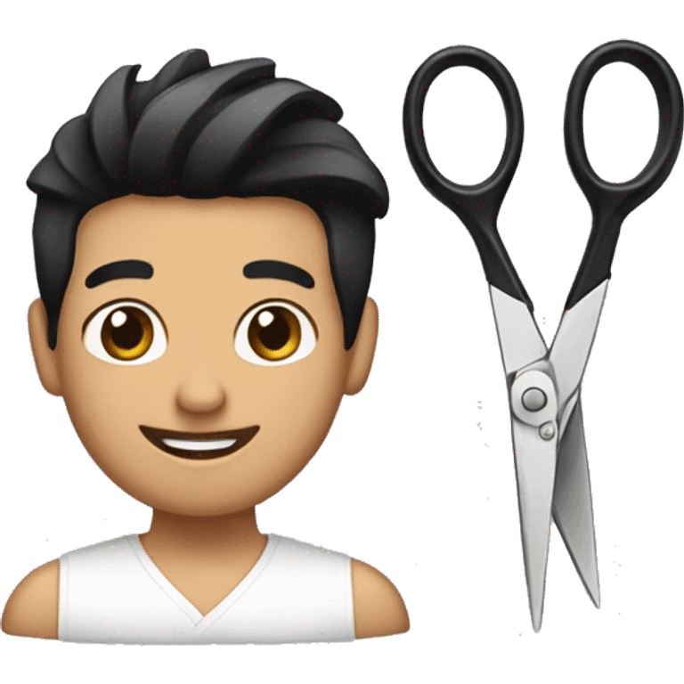 smiling hairdresser with black hair and scissors and hai emoji