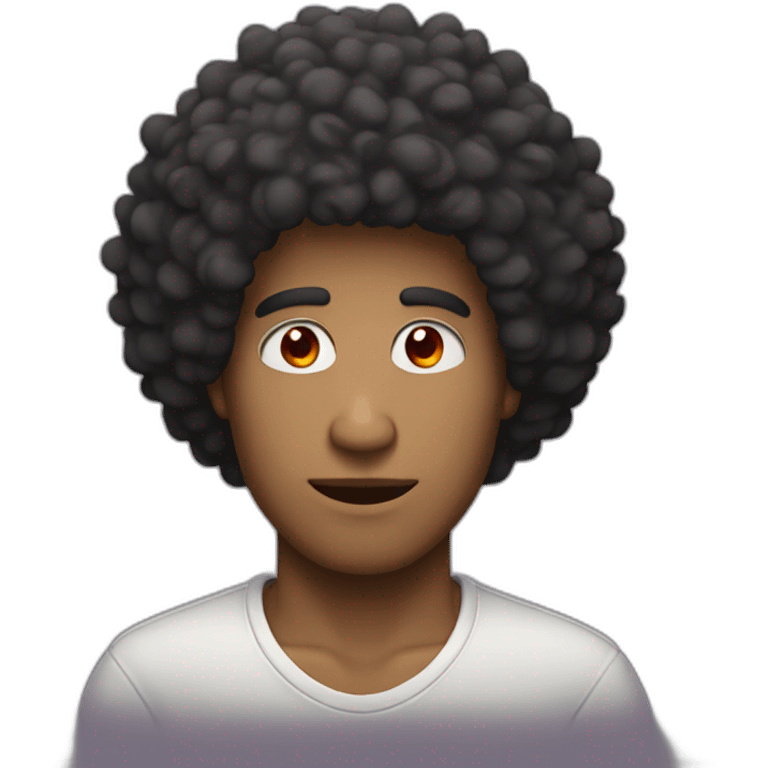 A guy with afro hair and small red eyes emoji