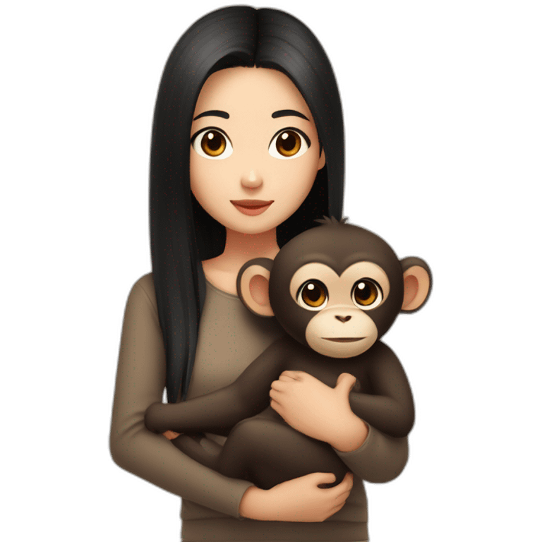 Asian girl with brown eyes and black hair and cute top cuddling a brown lovely monkey emoji