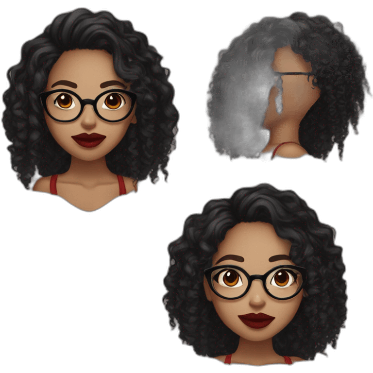 Black woman with round glasses, dark brown eyes red lipstick, a nose ring and septum ring, long curly black hair emoji