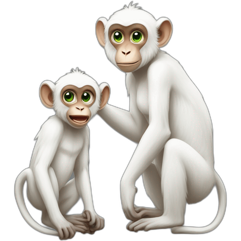 a white monkey with green eyes is in love with a pumped up and beautiful macaque with black eyes emoji