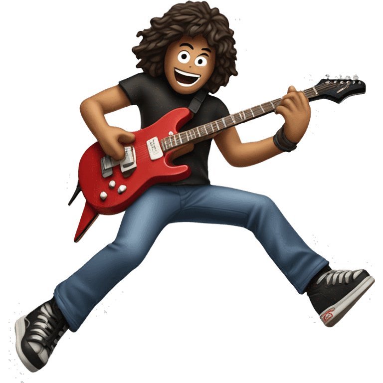 Eddie an Halen jumping, straddle-style with his signature guitar emoji