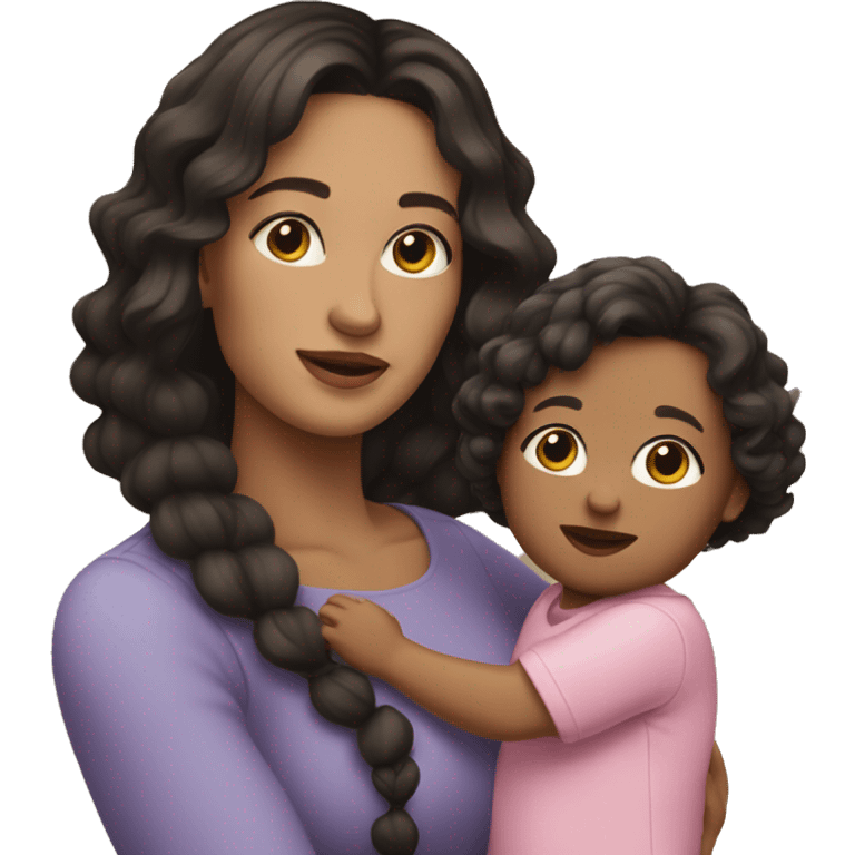 woman with straight Brunette hair and fair skin holding a girl toddler with curly black hair emoji