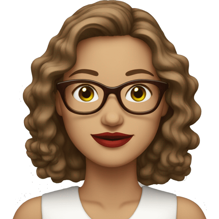 women about 50, green eyes, brown long wavy hair, red lips,  white glasses, informal dress code emoji