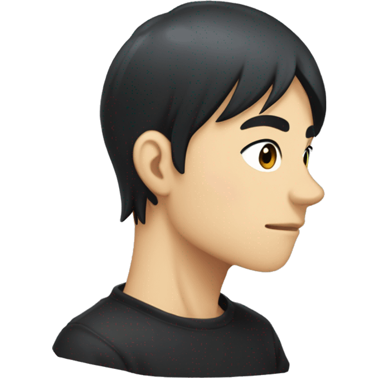 Create an emoji of a slime anime character in profile view, with a serious expression, black short hair, wearing a black shirt,  The background should be a simple light grey circle. emoji