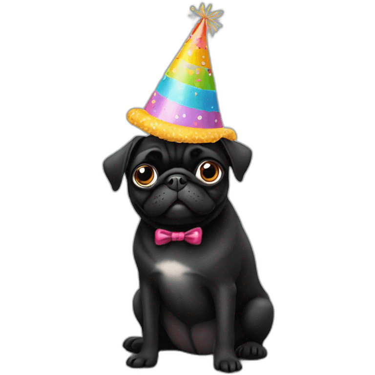 Black pug dog wearing a birthday hat emoji